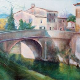 Il ponte delle mimose, Quadro olio su tela 25x35