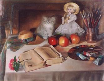 Natura silente con gattino,Quadro olio su tela 90x70